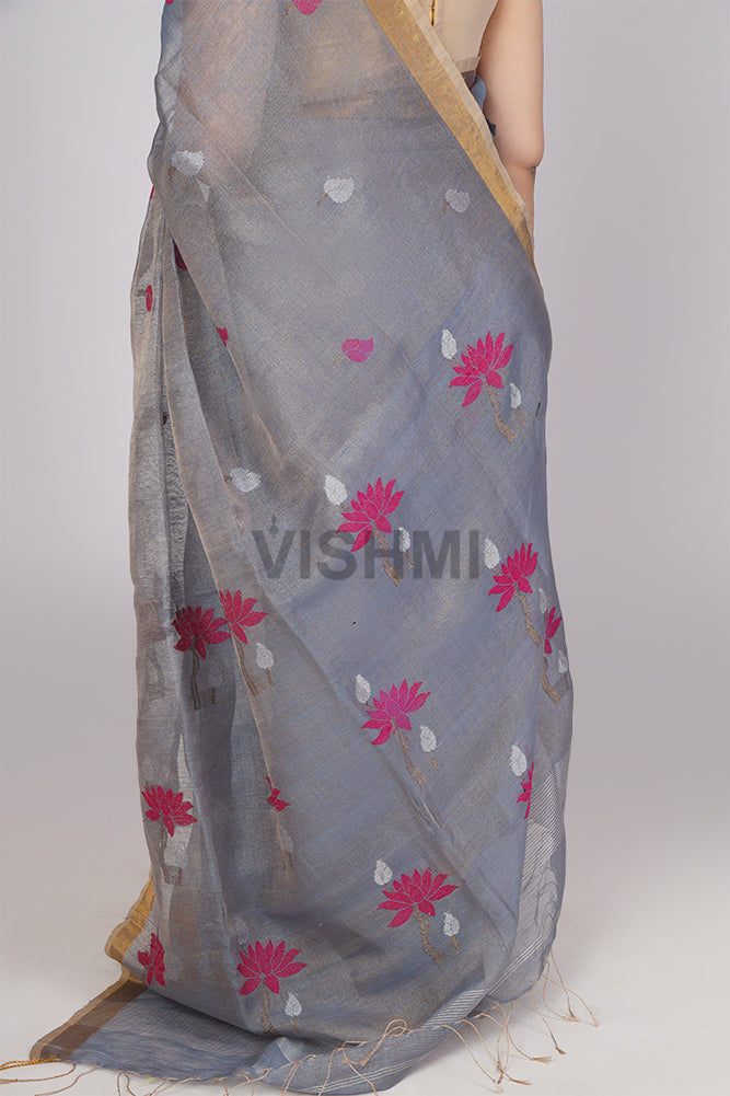 Lotus bluish grey Handloom Tissue Linen Saree