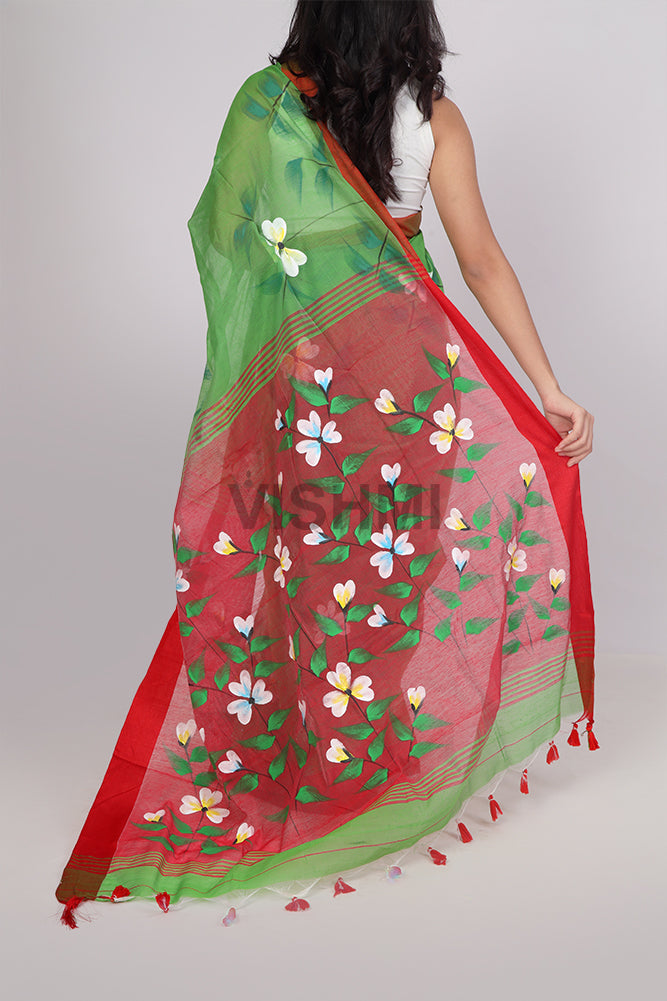 Green & Red Satin Border Hand-Painted Floral Saree