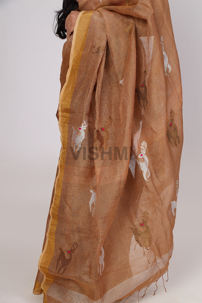 chikoo gold deer Handloom Tissue Linen Saree