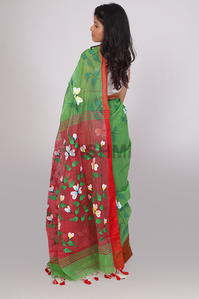 Green & Red Satin Border Hand-Painted Floral Saree