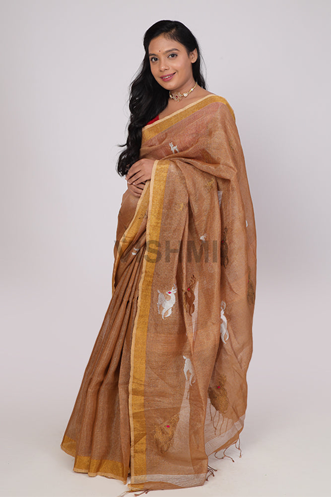 chikoo gold deer Handloom Tissue Linen Saree