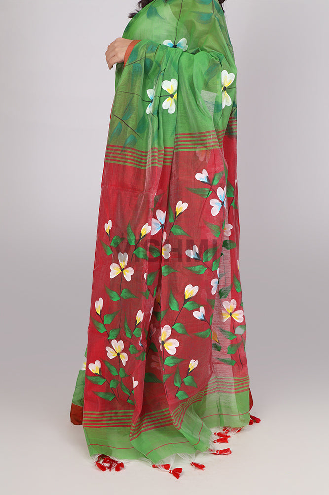 Green & Red Satin Border Hand-Painted Floral Saree