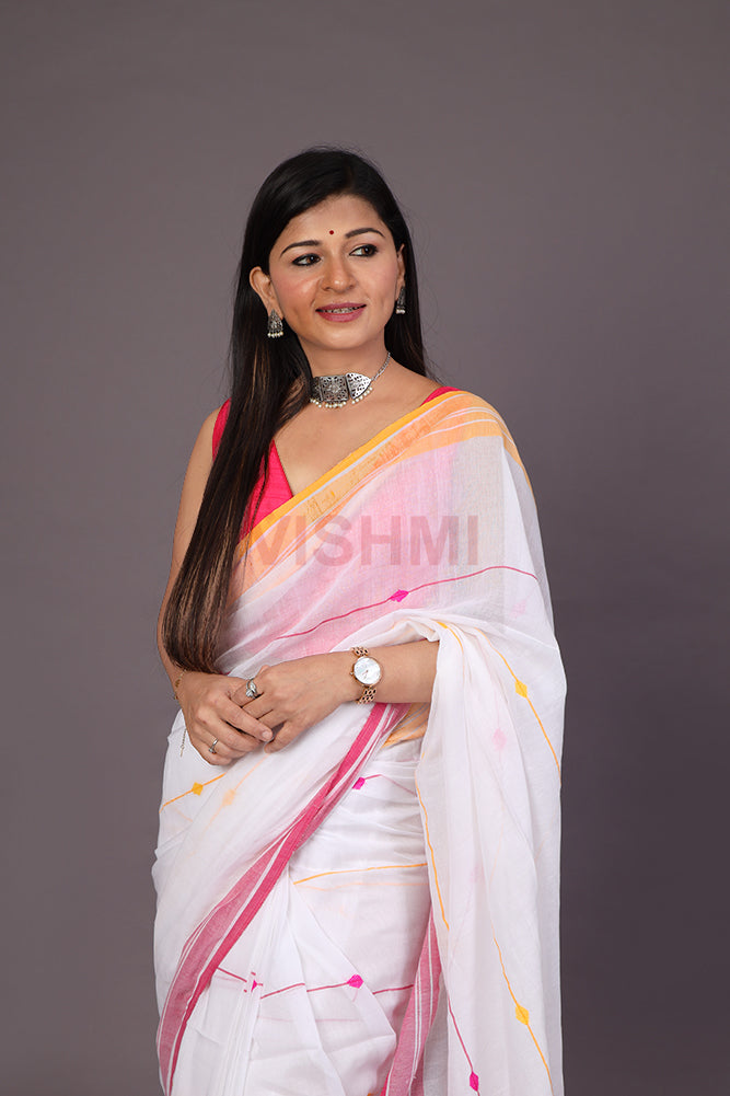 White Handloom Cotton Triangle Pallu Saree