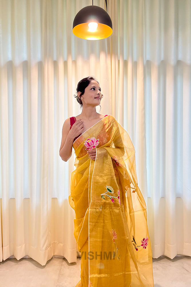 Yellow Pure Metallic Muslin Silk Saree with Lotus Hand Embroidery