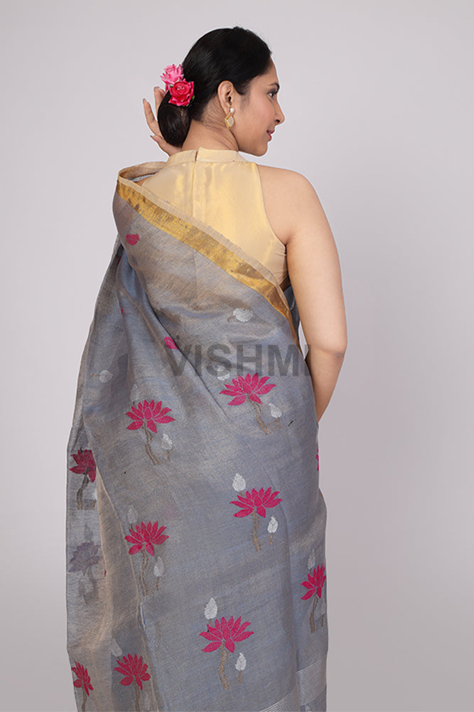 Lotus bluish grey Handloom Tissue Linen Saree