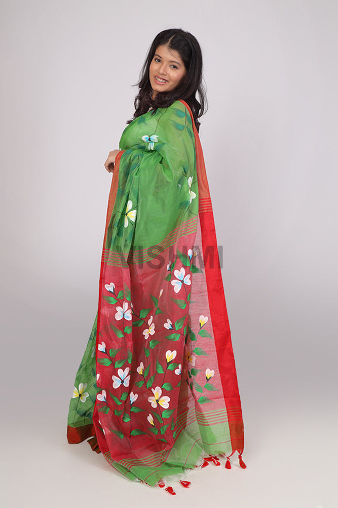Green & Red Satin Border Hand-Painted Floral Saree