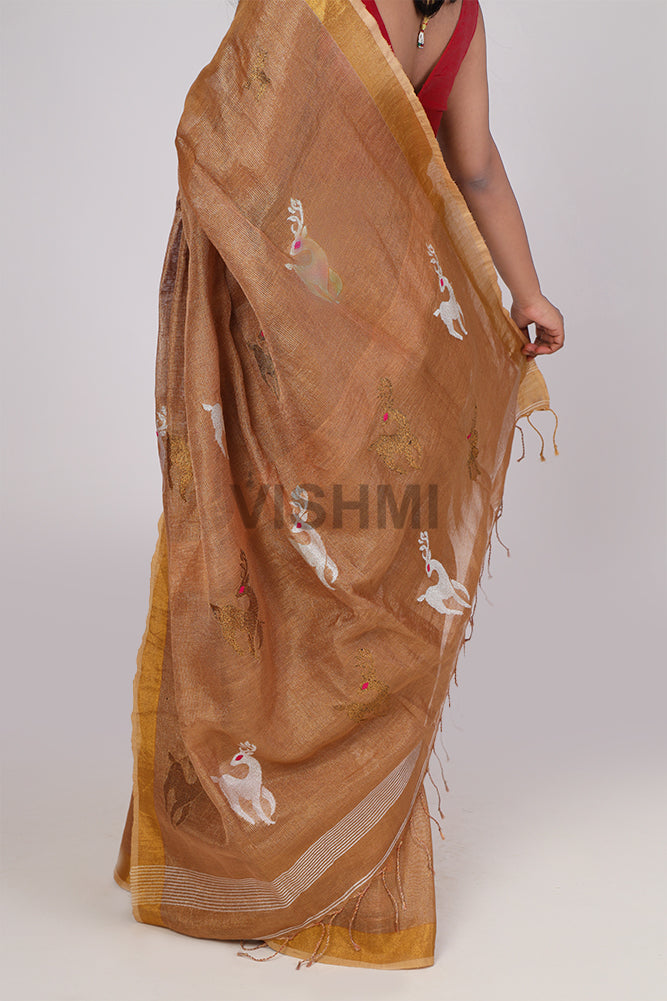 chikoo gold deer Handloom Tissue Linen Saree