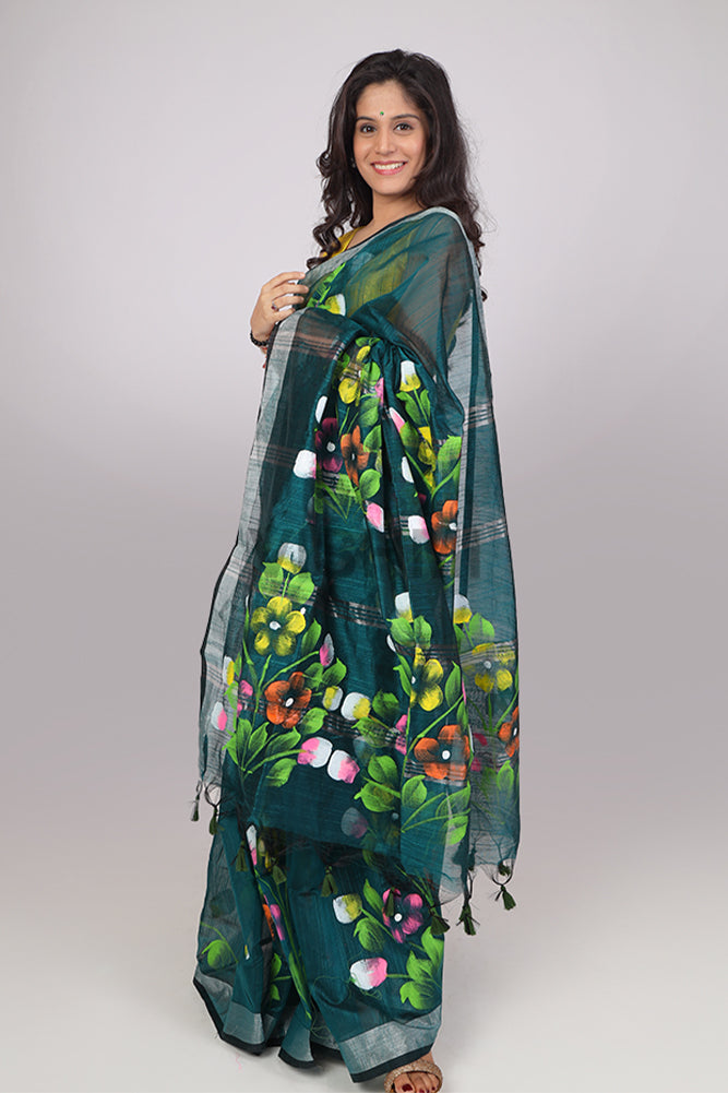 Rama Green Zari border Floral HandPainted Saree