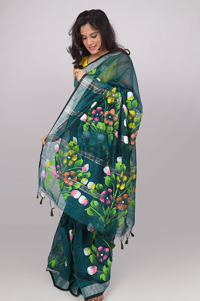 Rama Green Zari border Floral HandPainted Saree
