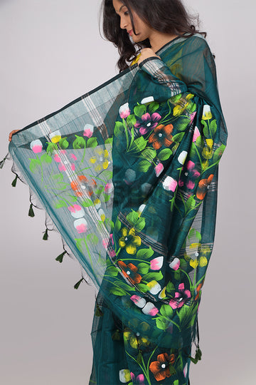 Rama Green Zari border Floral HandPainted Saree