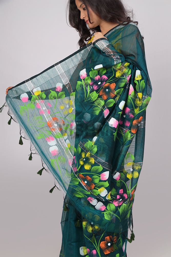 Rama Green Zari border Floral HandPainted Saree