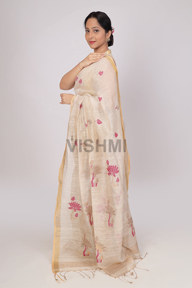 lotus dull gold Handloom Tissue Linen Saree