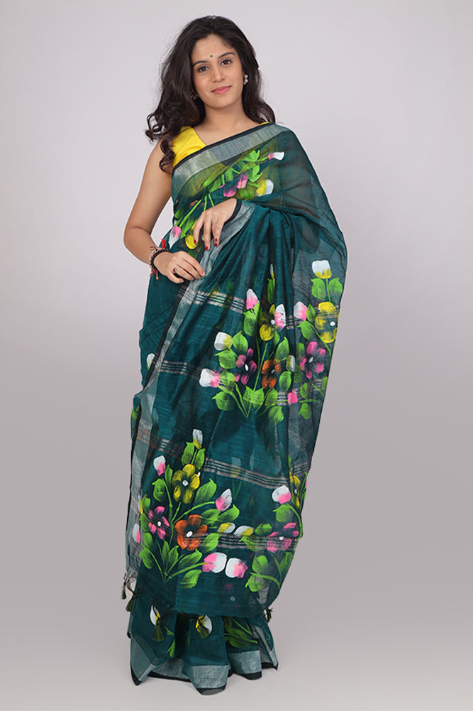 Rama Green Zari border Floral HandPainted Saree