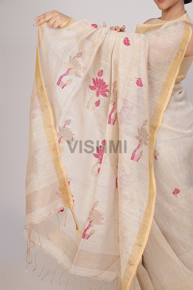 lotus dull gold Handloom Tissue Linen Saree