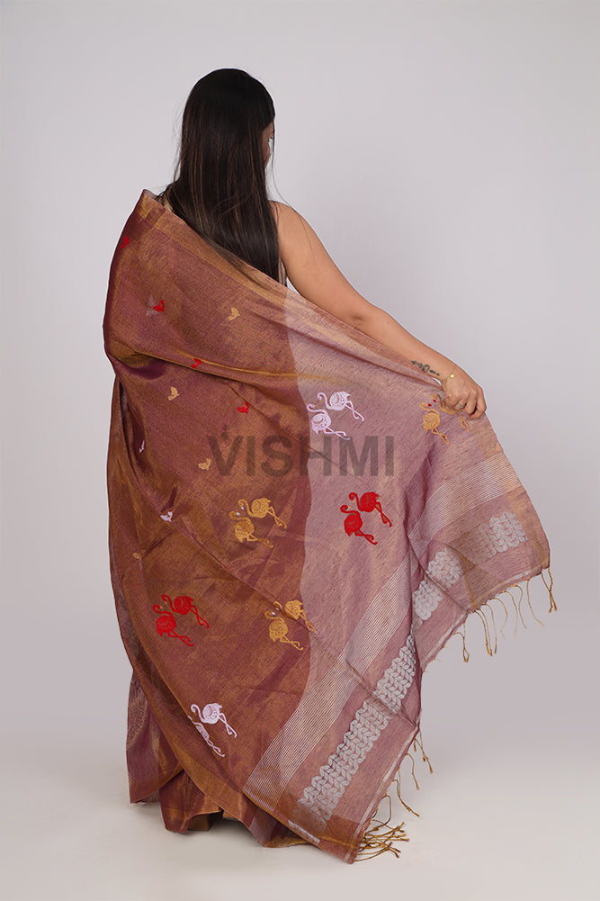 Purple Flamingo Handloom Tissue Linen Saree