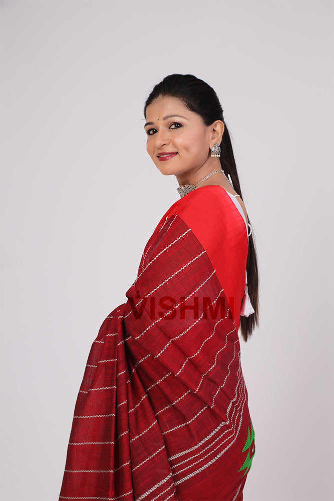 Maroon Handloom Cotton Star Pallu Saree