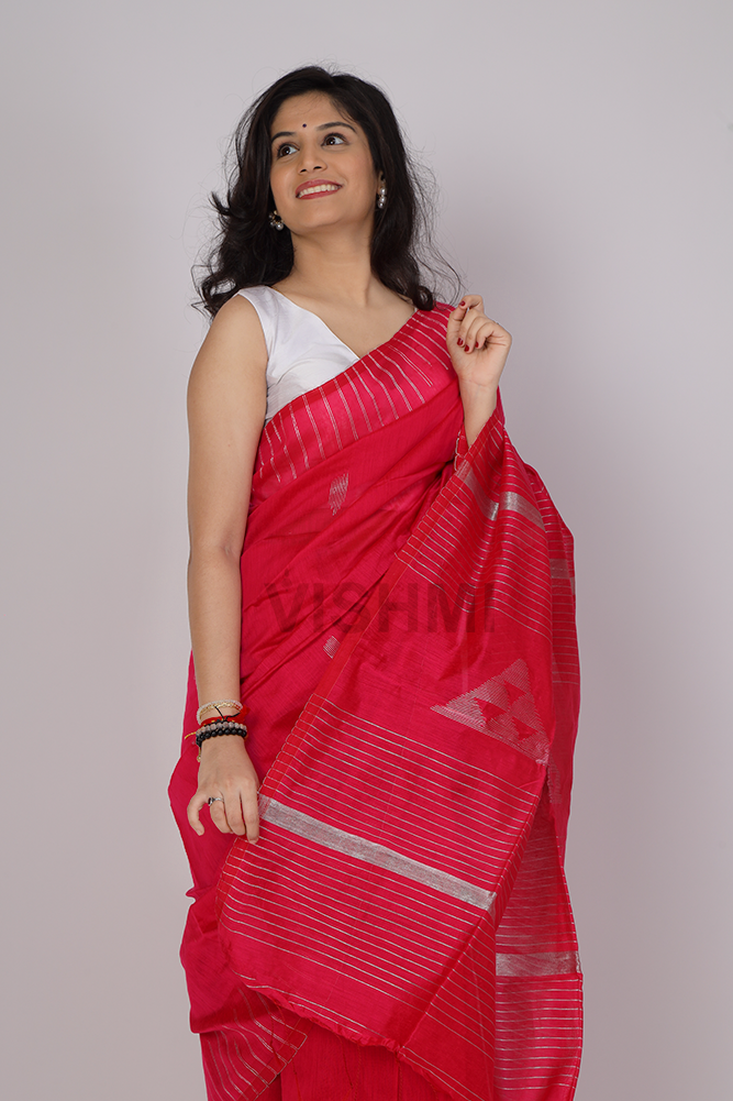 Hot Pink Silver Border Saree