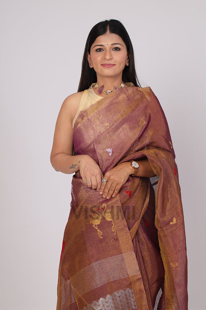 Purple Flamingo Handloom Tissue Linen Saree