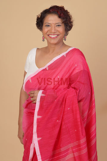 Hot Pink Handloom Cotton temple boder Saree