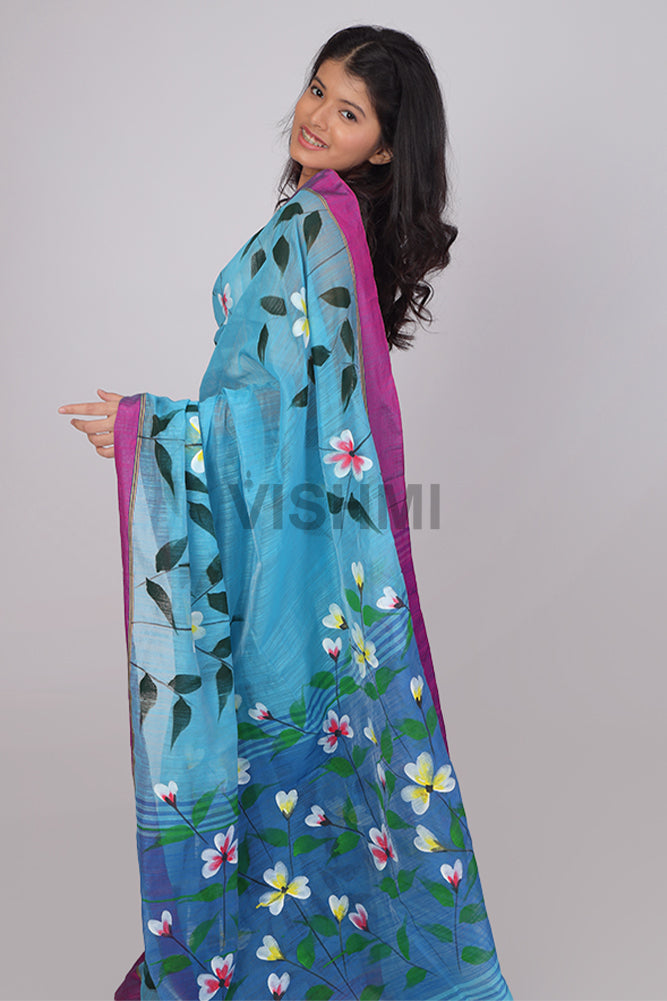 Light blue Zari border Floral HandPainted Saree