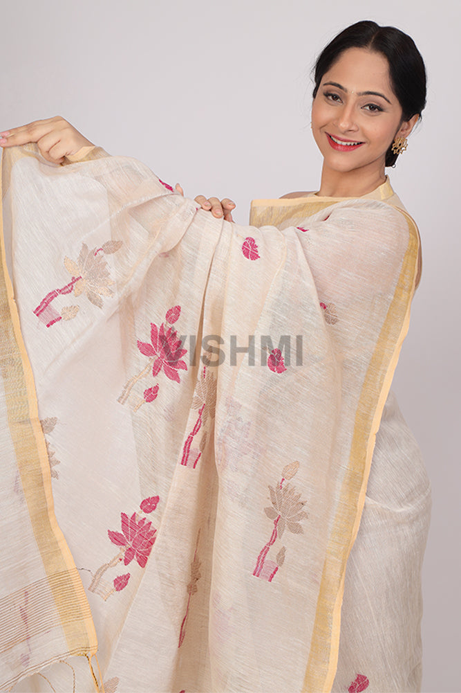 lotus dull gold Handloom Tissue Linen Saree