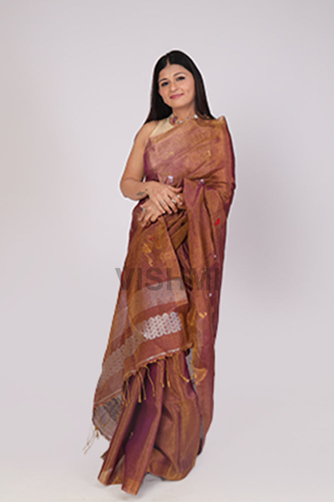 Purple Flamingo Handloom Tissue Linen Saree