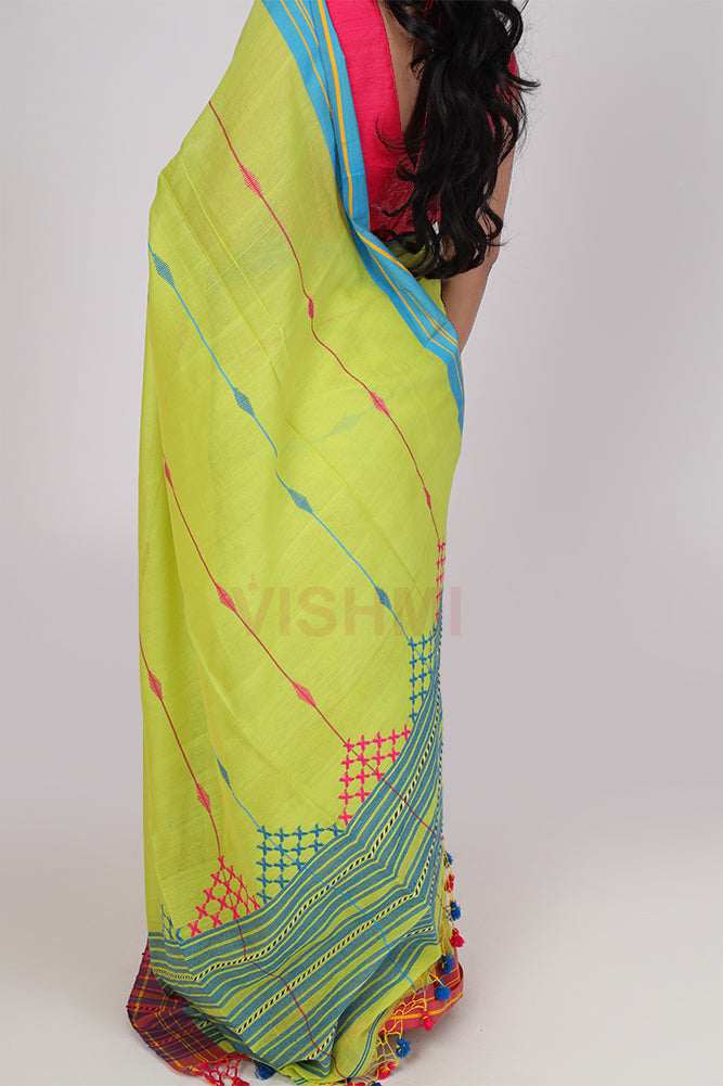 Neon Green Handloom Cotton Triangle Pallu Saree
