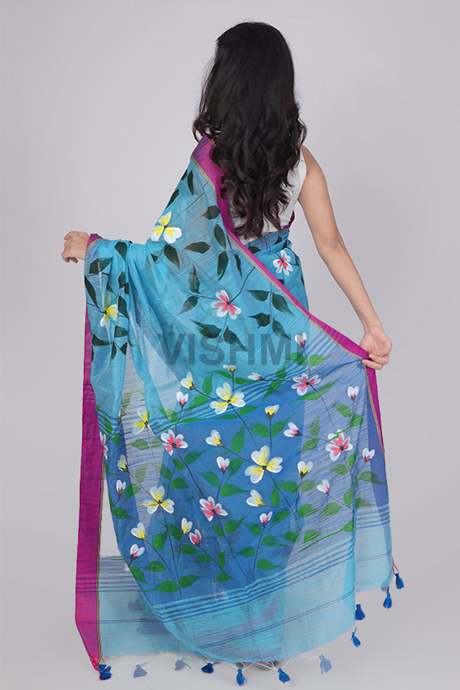 Light blue Zari border Floral HandPainted Saree