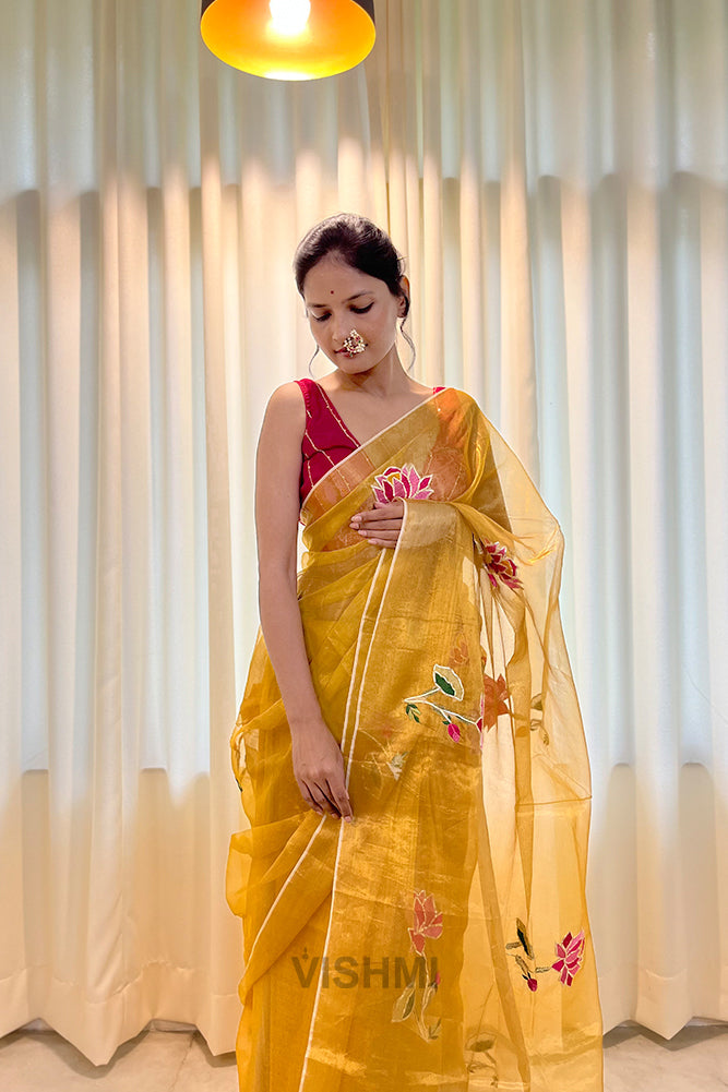 Yellow Pure Metallic Muslin Silk Saree with Lotus Hand Embroidery