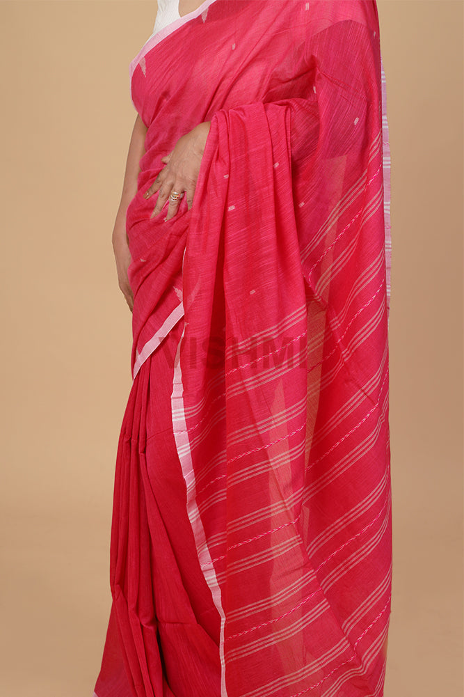 Hot Pink Handloom Cotton temple boder Saree
