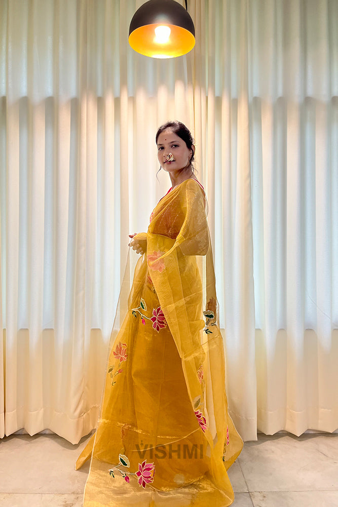 Yellow Pure Metallic Muslin Silk Saree with Lotus Hand Embroidery