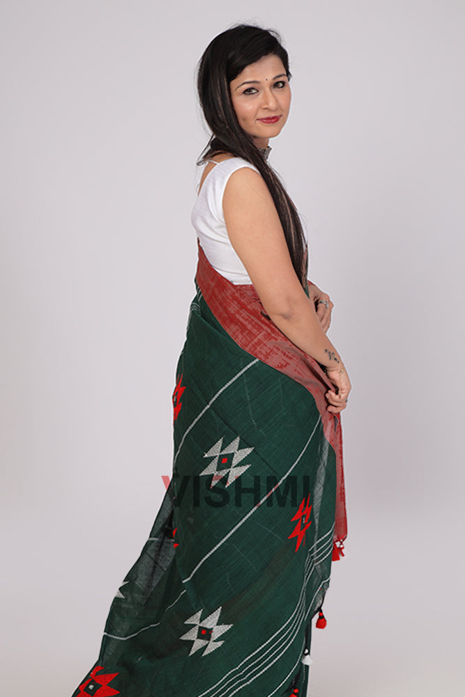 Bottle Green Handloom Cotton Star Pallu Saree
