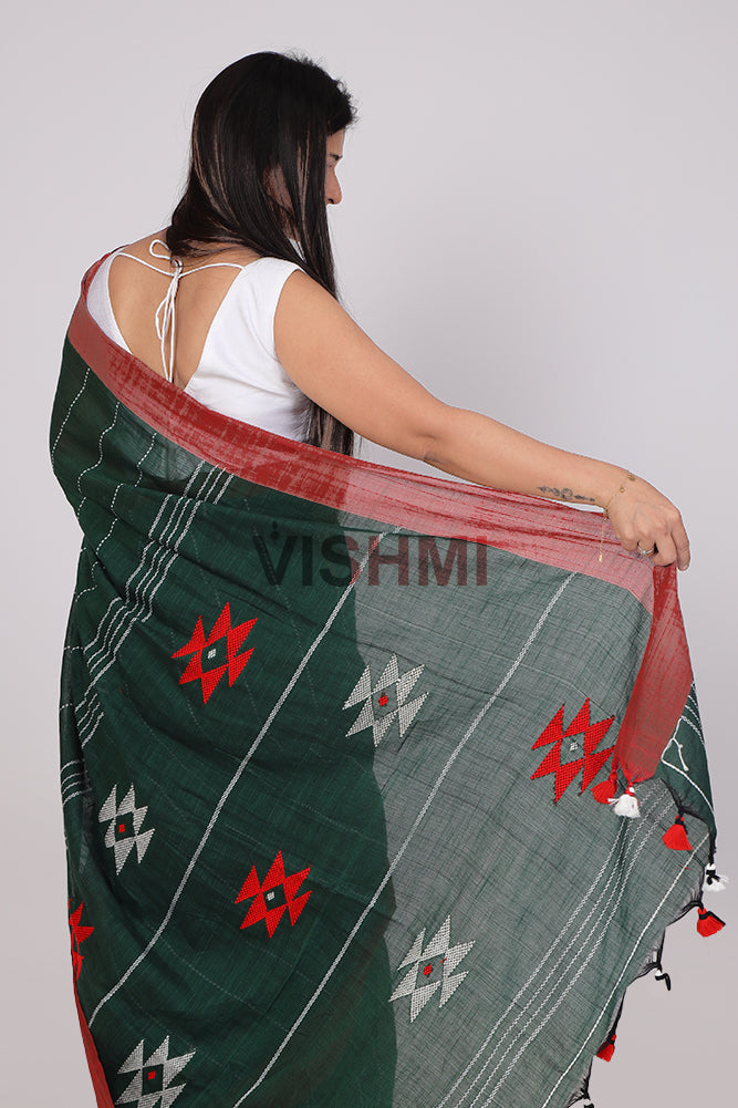 Bottle Green Handloom Cotton Star Pallu Saree