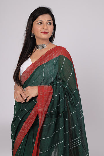 Bottle Green Handloom Cotton Star Pallu Saree