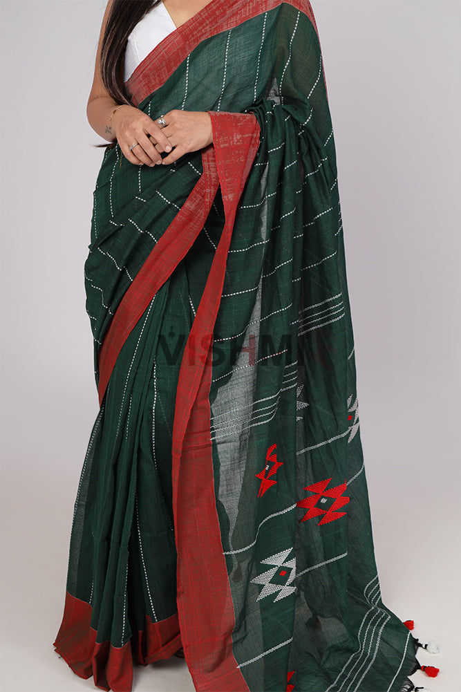Bottle Green Handloom Cotton Star Pallu Saree