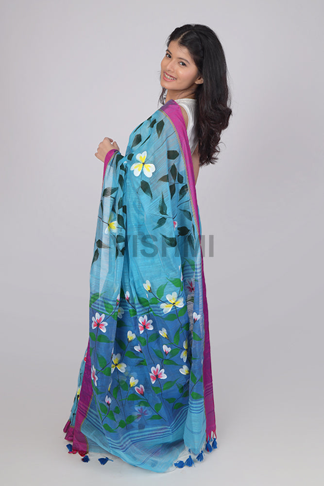 Light blue Zari border Floral HandPainted Saree
