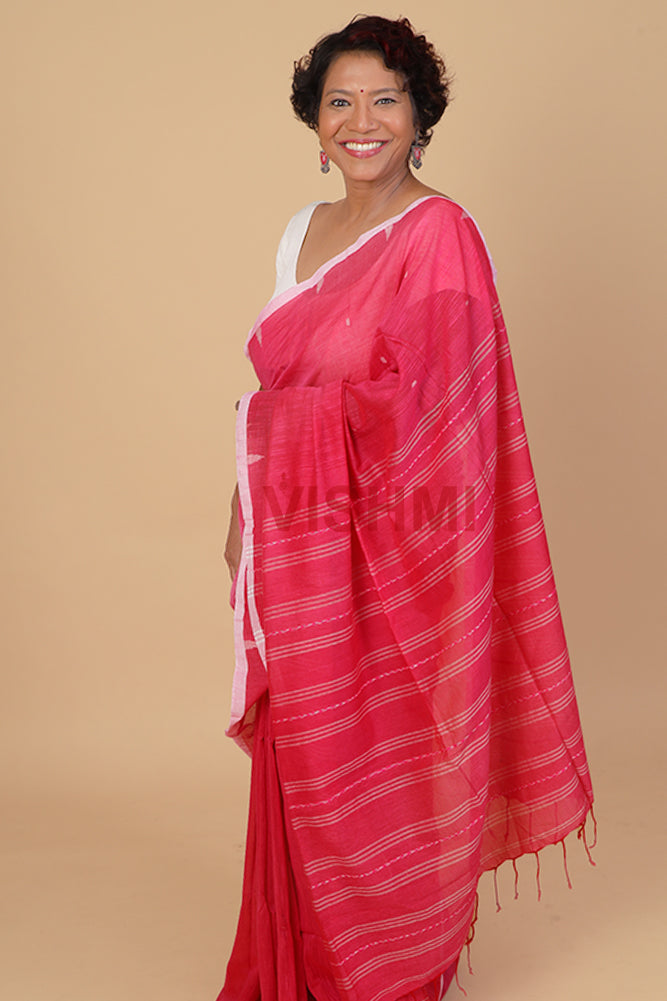 Hot Pink Handloom Cotton temple boder Saree