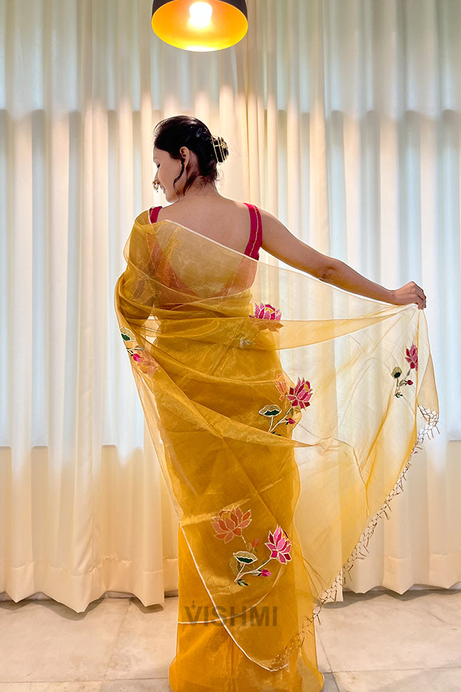 Yellow Pure Metallic Muslin Silk Saree with Lotus Hand Embroidery