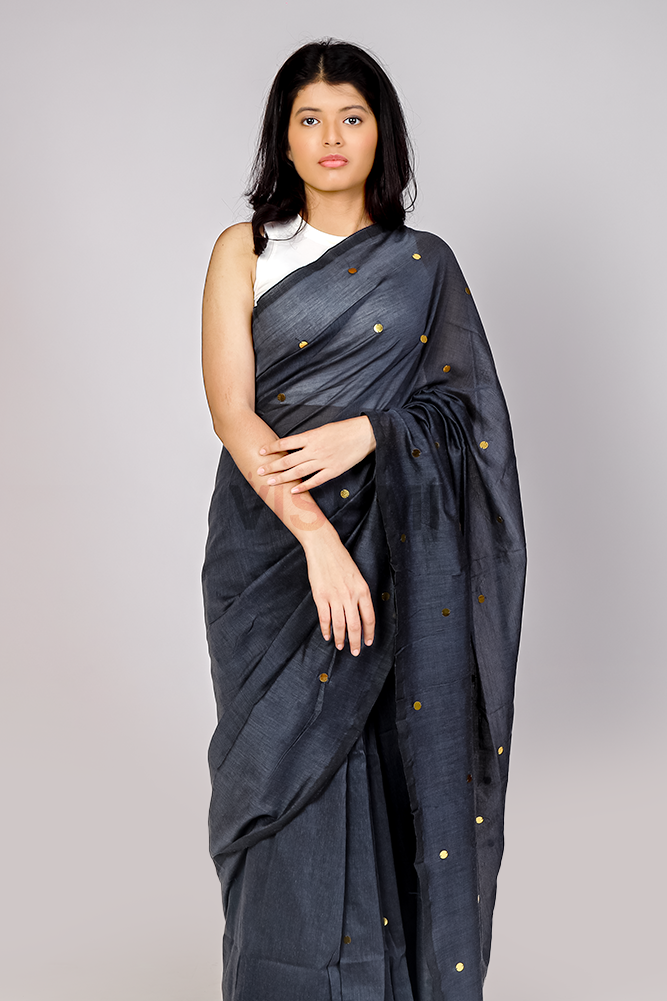 Dark Grey Cotton Bindi Saree