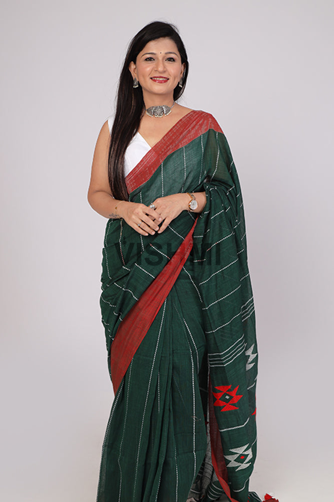 Bottle Green Handloom Cotton Star Pallu Saree