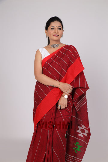 Maroon Handloom Cotton Star Pallu Saree