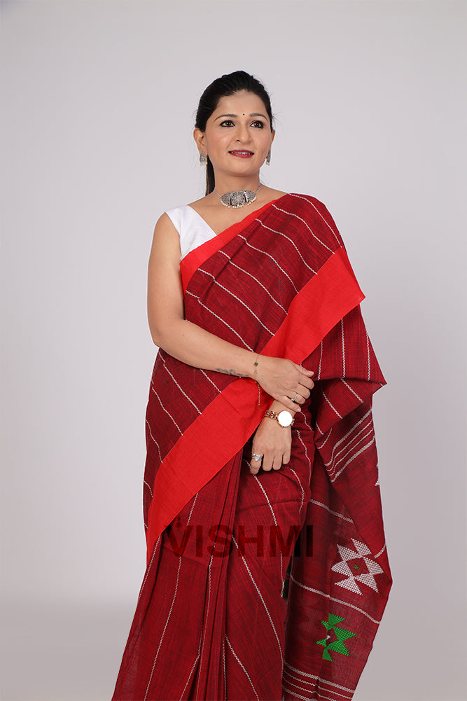 Maroon Handloom Cotton Star Pallu Saree