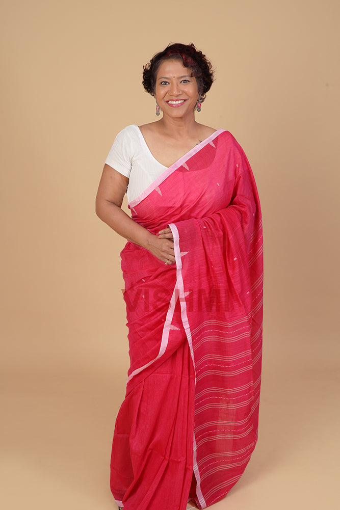 Hot Pink Handloom Cotton temple boder Saree