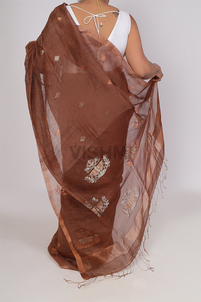 Brown Handloom Silk Linen Saree