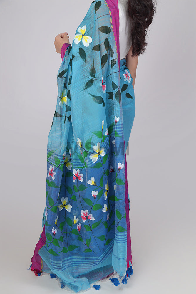 Light blue Zari border Floral HandPainted Saree