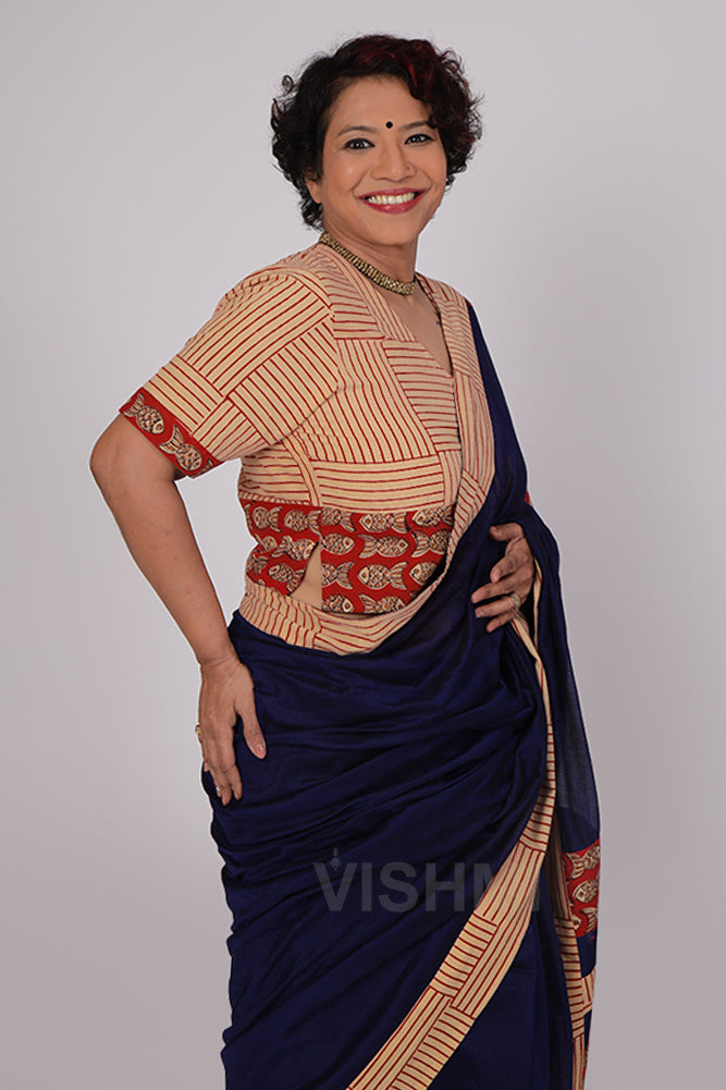 Dark blue fish Handcrafted Saree with Croptop