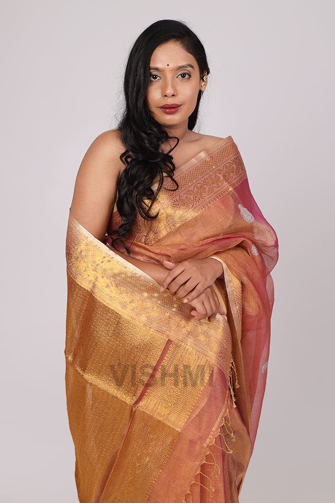 Rose Gold Handloom Metallic muslin banarasi Saree