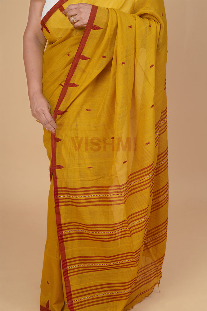 Mustard yellow  Handloom Cotton temple boder Saree