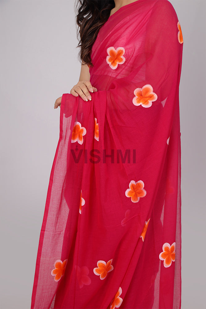 Hot Pink Mul Handpainted Flower Saree