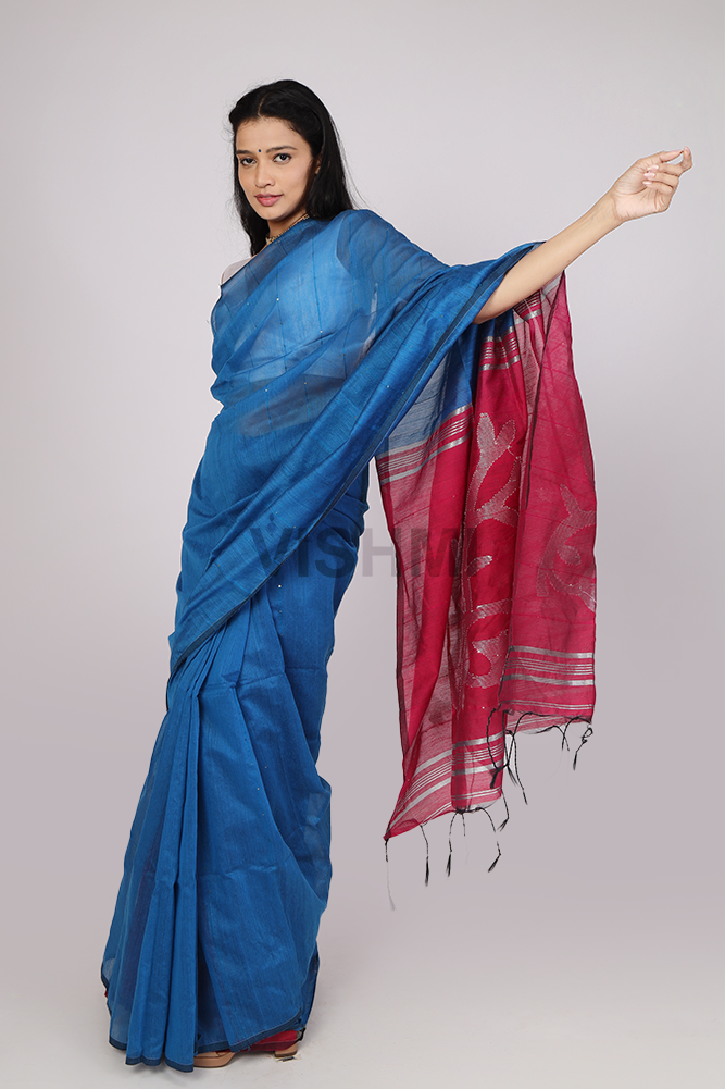 Blue and Pink Jamdani Pallu Saree